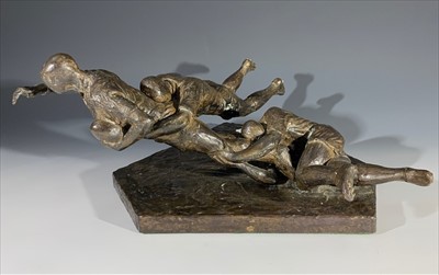 Lot 391 - A bronzed figure of rugby players, inscribed...
