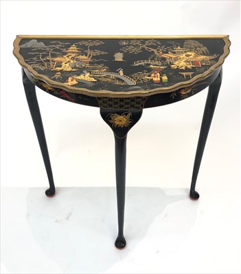 Lot 3311 - A 1930's black lacquered demi lune side table,...