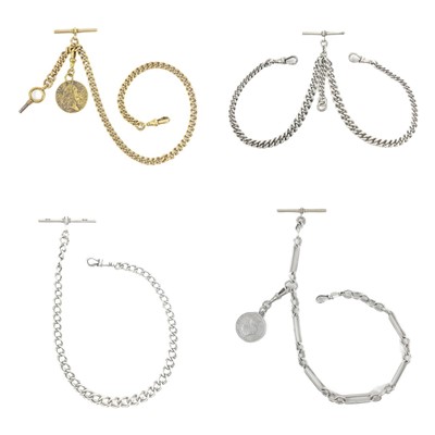 Lot 74 - Three silver Albert watch chains and a gold-plated watch chain with Guinea games token fob.