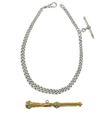 Lot 72 - A Victorian pinchbeck, turquoise set propelling pencil fob and a silver Albert watch chain.