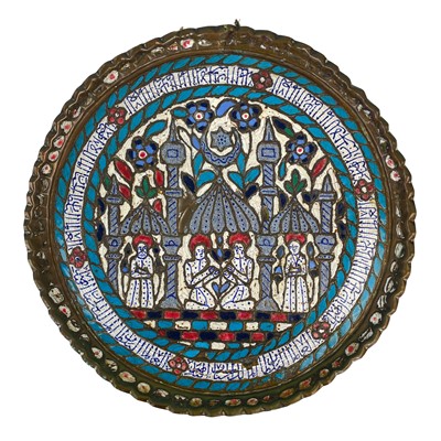 Lot 115 - An Islamic copper and enamelled tray, circa 1900.