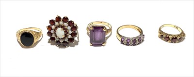 Lot 2522 - Five 9ct gold dress rings.