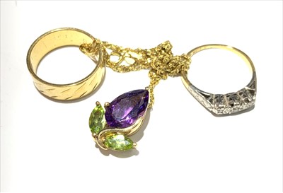 Lot 2529 - A contemporary 18ct. gold band 4.9gms, an 18ct...