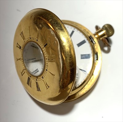 Lot 2530 - An 18ct gold half hunter cased keyless pocket...
