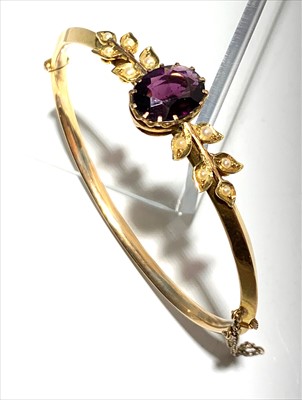 Lot 2635 - 15ct Gold bangle with amethyst and pearls