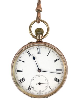 Lot 34 - A 9ct rose gold open face crown wind lever pocket watch with 9ct rose gold Albert watch chain.