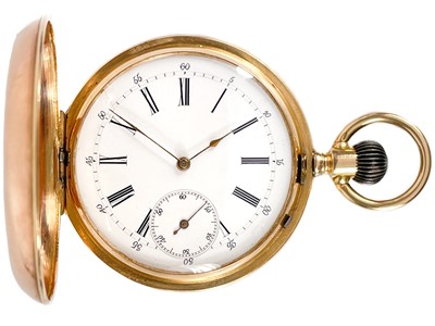 Lot 13 - An unusual rose gold cased full hunter crown wind double side calendar pocket watch.