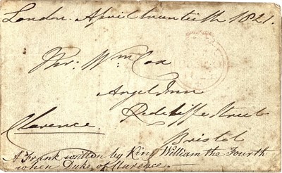Lot 948 - Duke of Clarence - later King George IV signature on 1821 Free front