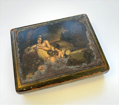 Lot 2474 - A lacquered table snuff box with painted...