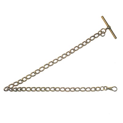 Lot 90 - A rose gold (tests 9ct) graduated curb link Albert watch chain.