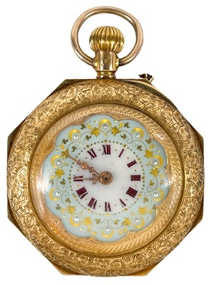 Lot 23 - A Swiss 14ct lady's cylinder fob pocket watch.