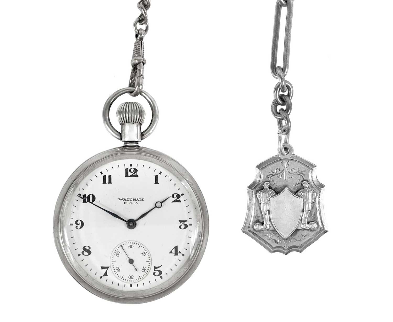 Lot 29 - A Swiss 935 silver cased key wind lever pocket watch with Albert watch chain and fob.