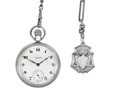 Lot 29 - A Swiss 935 silver cased key wind lever pocket watch with Albert watch chain and fob.