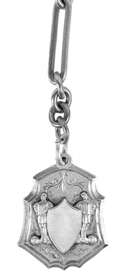 Lot 29 - A Swiss 935 silver cased key wind lever pocket watch with Albert watch chain and fob.