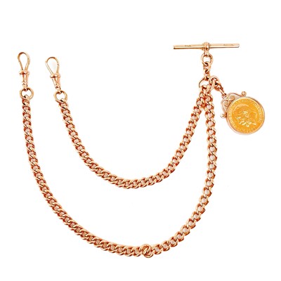 Lot 100 - A good 9ct hallmarked rose gold double Albert watch chain with 1912 full sovereign coin fob.