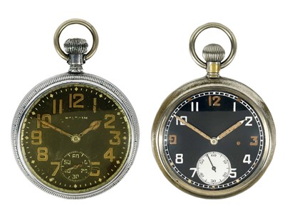 Lot 41 - Two military-issue nickel cased crown wind pocket watches.