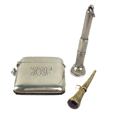 Lot 421 - A gold watch key with amethyst set terminal, a silver vesta case fob and silver cigar pricker fob.