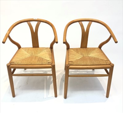 Lot 3359 - A pair of ash rush seated armchairs, 20th...
