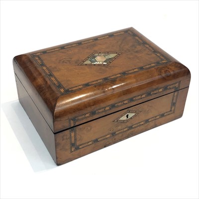 Lot 488 - A burr walnut sewing box, with herringbone...