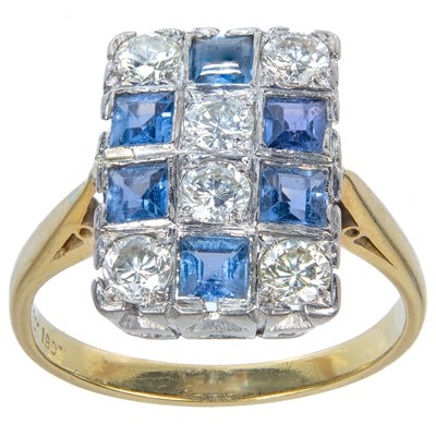 Lot 217 - An Art Deco 18ct diamond and sapphire panel ring.