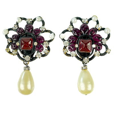 Lot 574 - A Chanel pair of 1970's blackened metal Gripoix, faux pearl and crystal earrings.