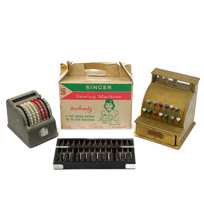 Lot 890 - Misc. toys - child's Singer Sewing Machine, toy Cash Register, Adding Machine etc.