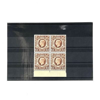 Lot 377 - GB 1948 GVI £1 brown U/M marginal block of four