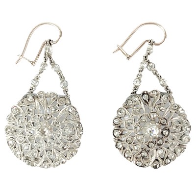 Lot 108 - A pair of 19th-century continental silver diamond set pendant earrings.