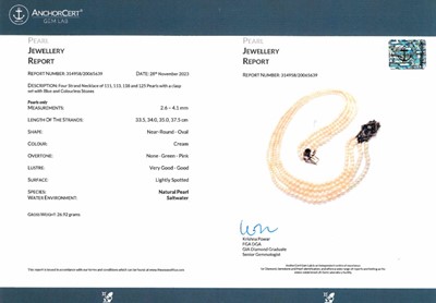 Lot 70 - An exquisite Art Deco four-row natural saltwater pearl choker with diamond and sapphire clasp.