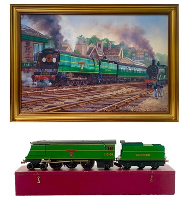 Lot 681 - "0" Gauge West  Country Pacific "Padstow" and accompanying painting of the locomotive