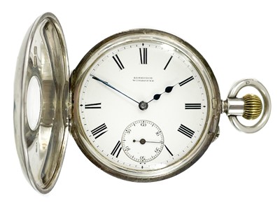 Lot 52 - A silver-cased half hunter crown wind pocket watch by Kerridge, Wimborne.