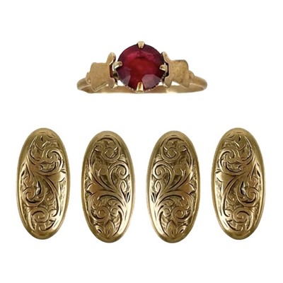 Lot 4 - A pair of 9ct foliate engraved cufflinks and a rose gold paste set ring.