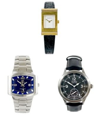 Lot 120 - A Techne Merlin gentleman's quartz wristwatch, a Breil and Gucci lady's quartz watch.
