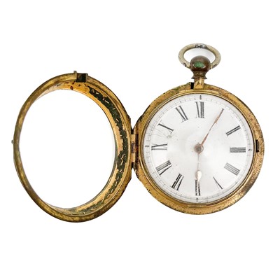 Lot 54 - An 18th-century gilt metal pair case pocket watch with horn outer case.