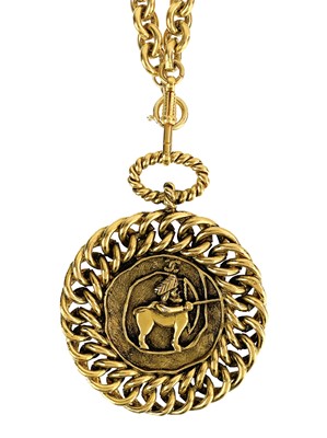 Lot 390 - A Chanel 24ct gold-plated large Sagittarius medallion necklace, circa 1985.