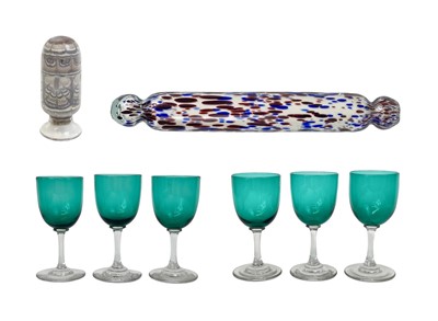 Lot 432 - A set of six Victorian green bowled wine glasses.