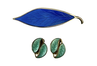 Lot 13 - A David Andersen of Norway silver gilt enamel; leaf brooch and pair of leaf clip earrings.