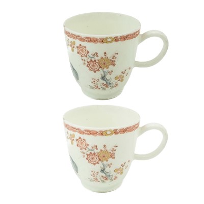 Lot 560 - A pair of Bow Kakiemon palette two Quail pattern coffee cups.