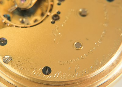 Lot 25 - An 18ct chronograph centre seconds crown wind full hunter pocket watch by Thomas Russell & Son.