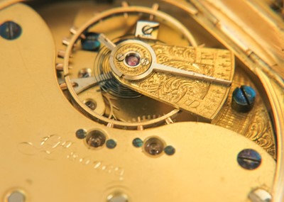 Lot 25 - An 18ct chronograph centre seconds crown wind full hunter pocket watch by Thomas Russell & Son.