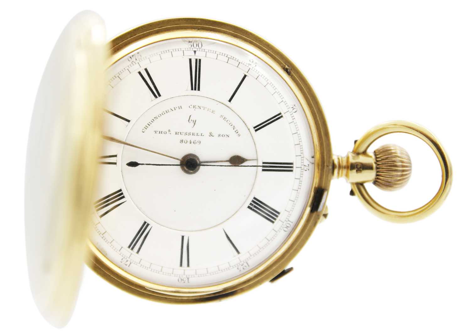 Lot 25 - An 18ct chronograph centre seconds crown wind full hunter pocket watch by Thomas Russell & Son.