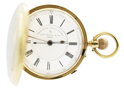 Lot 25 - An 18ct chronograph centre seconds crown wind full hunter pocket watch by Thomas Russell & Son.