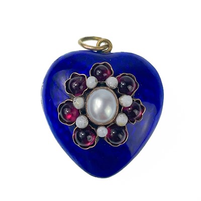 Lot 162 - A Victorian style silver gilt, blue guilloche enamel, garnet and pearl set heart pendant.