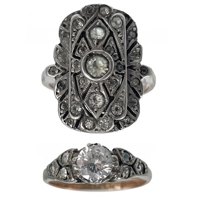 Lot 147 - Two Art Deco 9ct and silver white stone set rings.
