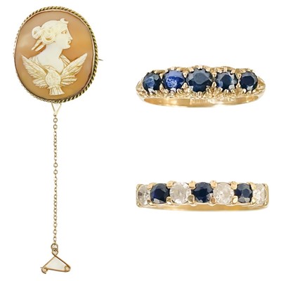 Lot 270 - Two 9ct stone set rings and a 9ct mounted shell cameo brooch.
