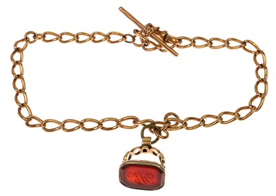 Lot 93 - A 9ct rose gold Albert watch chain with rose gold carnelian seal fob.