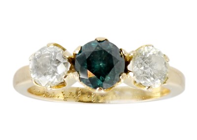 Lot 94 - An 18ct blue and white certified diamond three-stone ring.