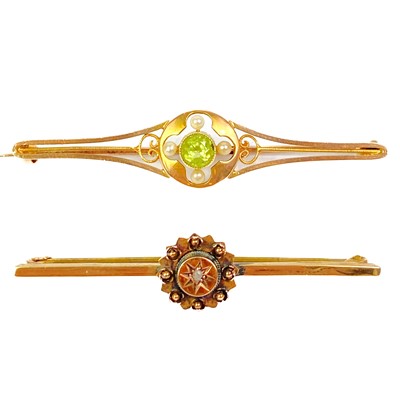 Lot 69 - A 15ct peridot and pearl set bar brooch and a 15ct & 9ct diamond set bar brooch.