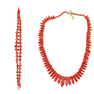 Lot 148 - A 19th century coral fringe necklace and bracelet set.