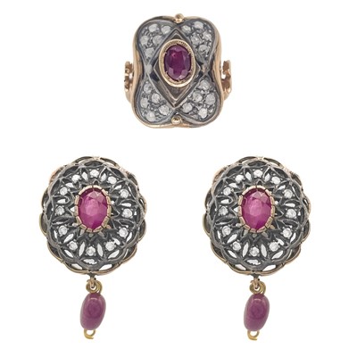 Lot 57 - A Victorian style 14ct and silver diamond and ruby set earring and ring matched suite.